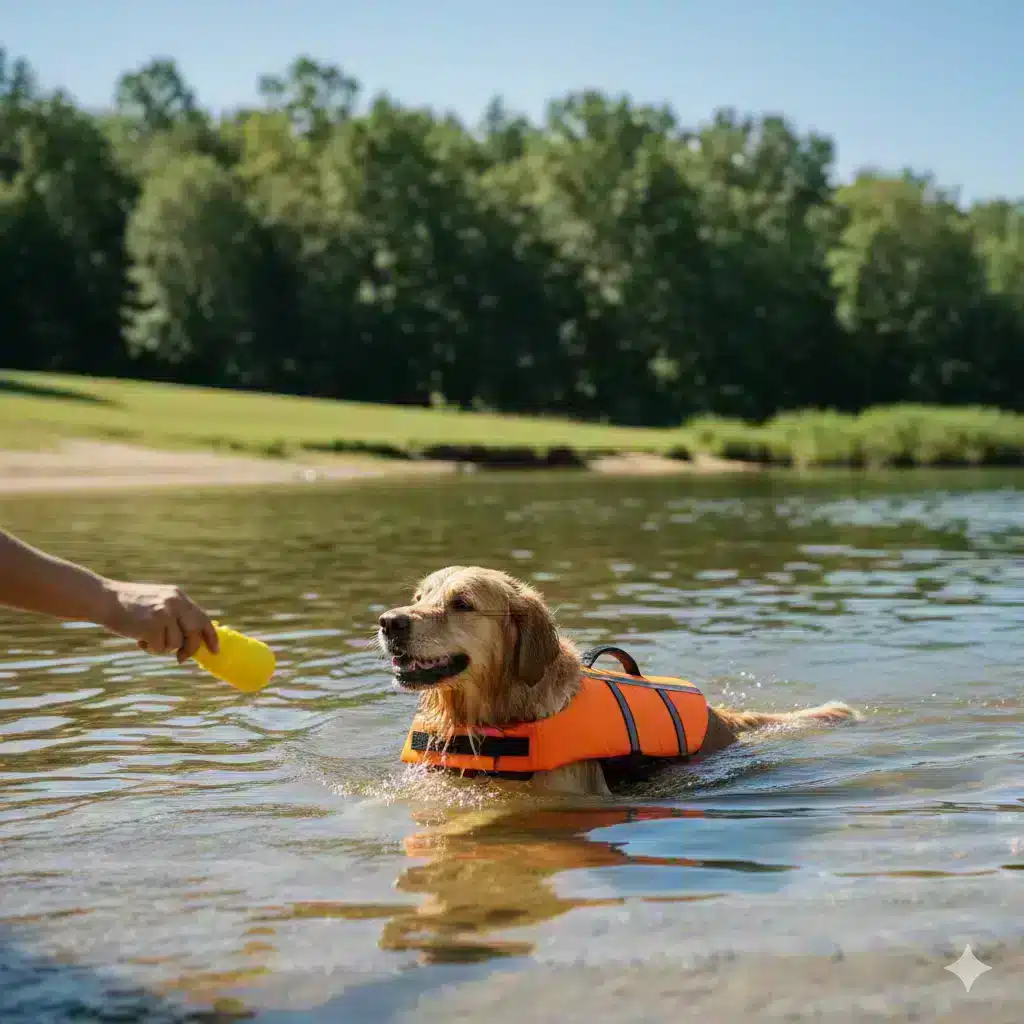 A light yellow dog swimming in a pool and wearing a red swimming coat.