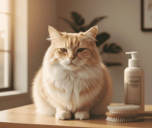 Fluffy cat with shiny healthy coat after grooming cat hair growth